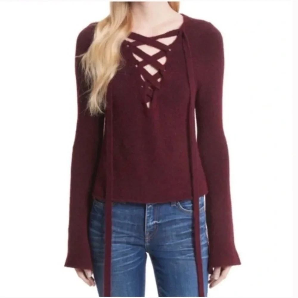 L’AGENCE Candela Lace Up Bell Sleeve Maroon Sweater Size Extra Small